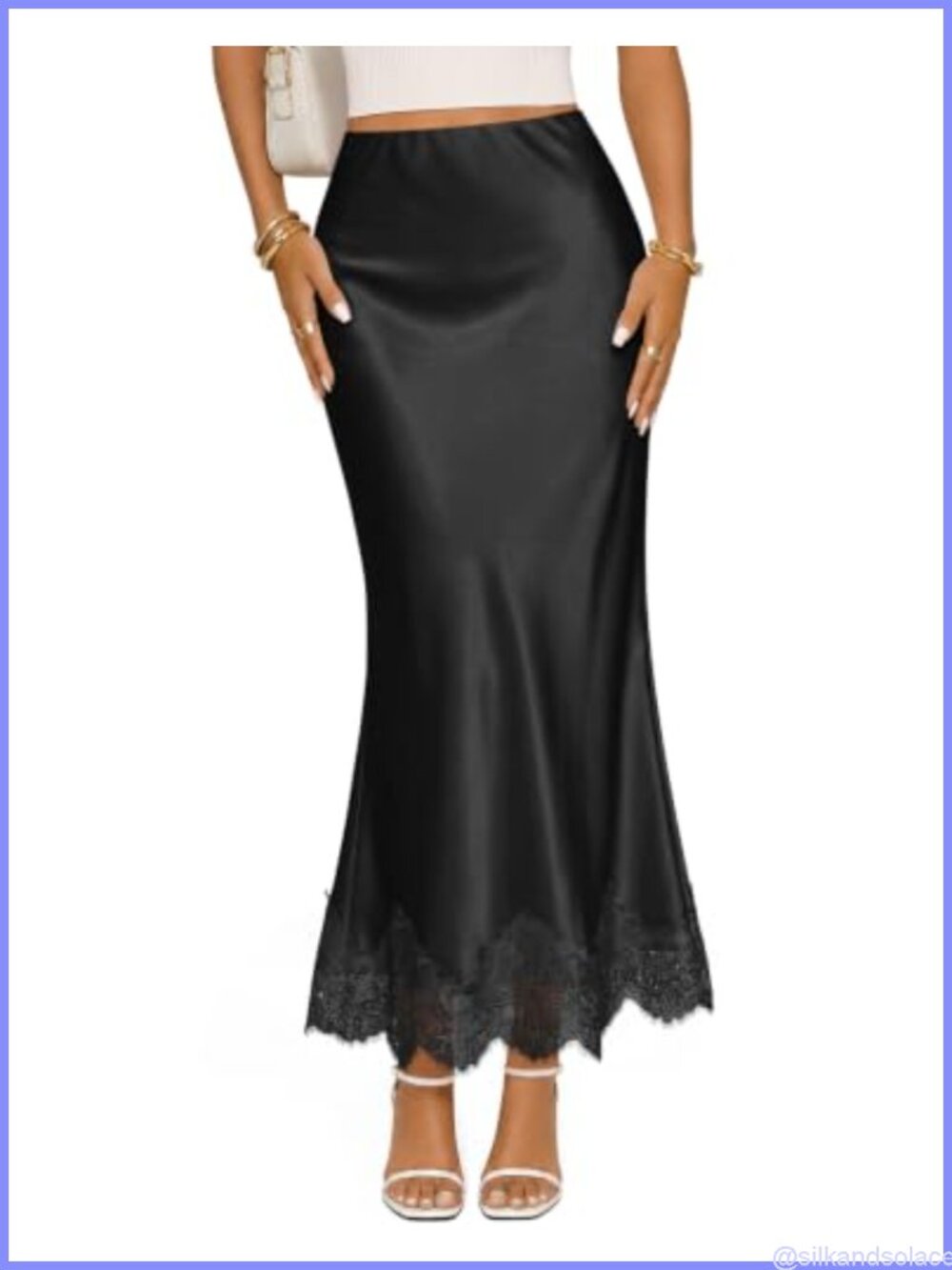 Satin Lace Trim Maxi Skirt | High Waist Mermaid Fishtail Long Skirt, Business